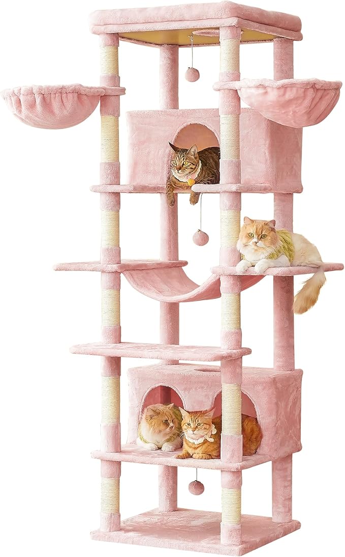 MWPO Pink Extra Large Cat Tree, 77.6-Inch Tall Cat Tower for Indoor Cats with 2 Condos, Multi-Level Cat Stand for Large Cats, 3 Hammocks, Wide Perch, Scratching Posts, Dangling Toys