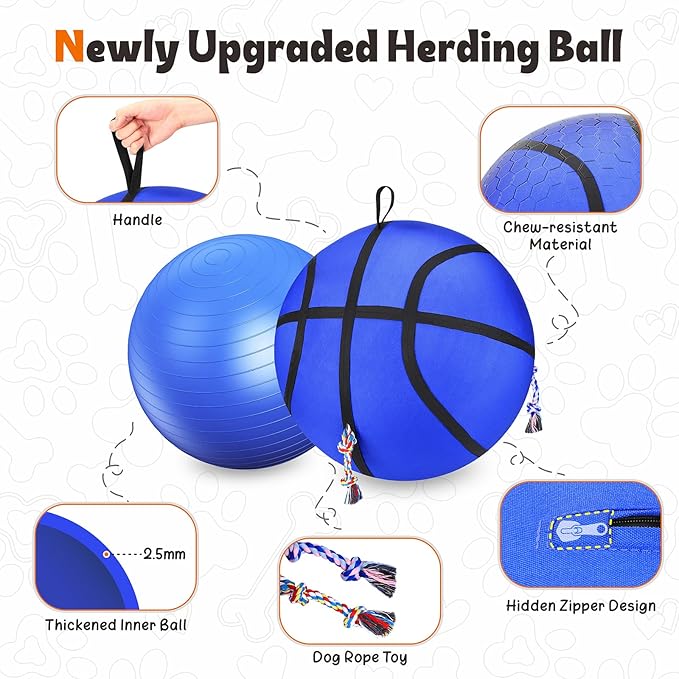 25" Herding Ball for Dogs, Upgrade & Reinforce Medium to Large Dog Training Toys for Australian Shepherd, Horse Balls with Gnawing Knots, Dog Jolly Ball for Outdoor Play (Blue)