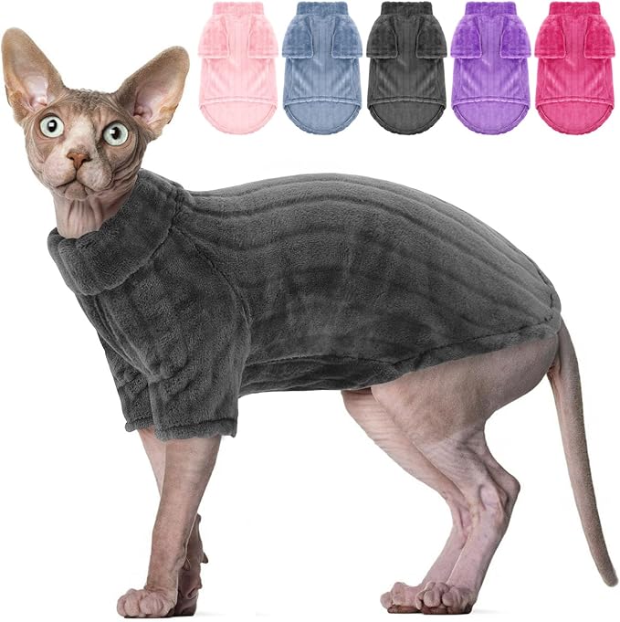 SUNFURA Sweaters for Cats, Hairless Sphynx Sweater Kitten Pullover with Sleeves, Warm and Soft Cat Pajamas Fleece Sweatshirt Jumpsuit, Turtleneck Clothes for Fall Winter, Grey S