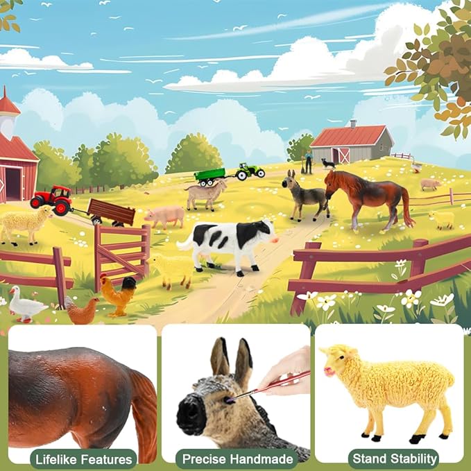 Farm Animal with 2 Tractors Toy, Realistic Plastic Farm Figures Including One Large Musical Truck with Sound Effects Farmer Fence Storage Box Christmas Birthday Easter Gift for Kids 3-8