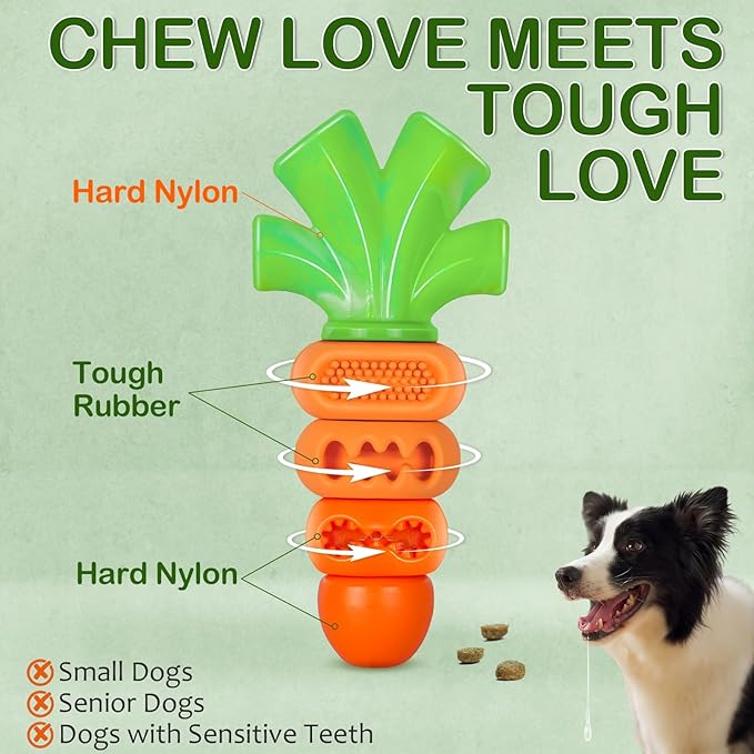 Dog Toys for Aggressive Chewers Bacon Flavored: 7" Tough Dog Chew Bone, Hard Nylon & Rubber Teeth Cleaning Toy, Carrot-Shaped Dog Chew Toy for Large Medium Breed 20-70lbs