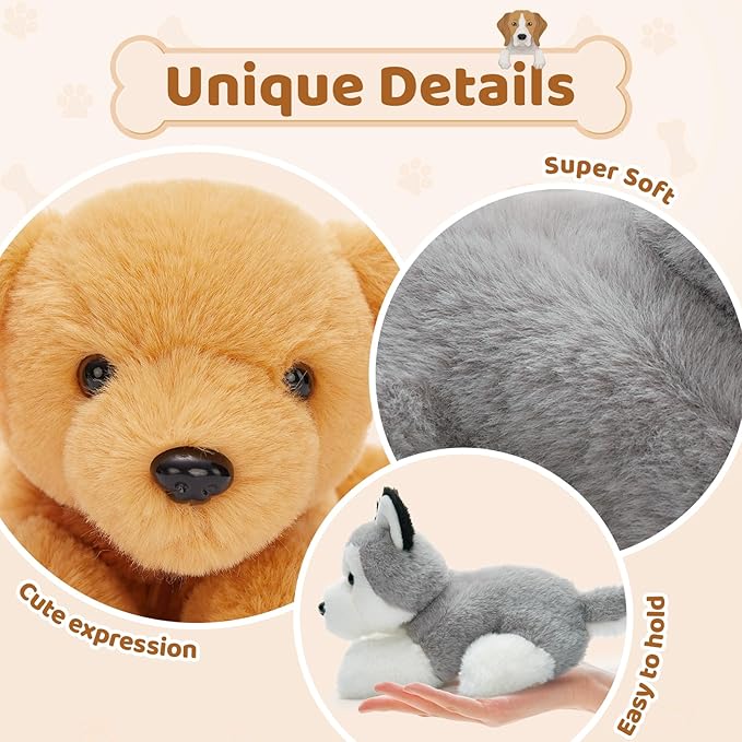 Tezituor 6 Pcs Bulk Stuffed Animals, Fluffy Assorted Stuffed Puppy Plush Toys for Kids, 11" Schnauzer, Husky, Bernese, Golden Retriever, Beagle, Spotted Dog Doll Set for Dog Themed Party Favors Gift