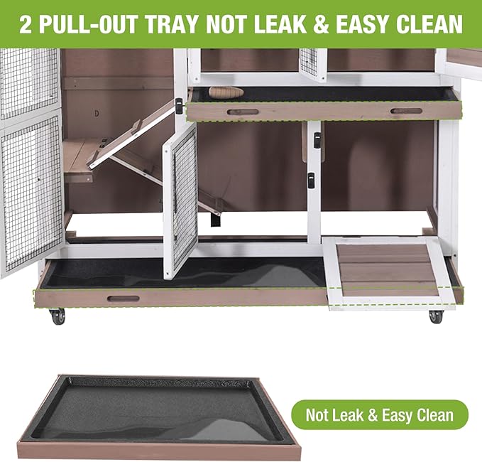GUTINNEEN Rabbit Hutch Indoor and Outdoor Bunny Cage with Wheels Hamster House Guinea Pig Cages for Small to Medium Animals Waterproof Leakproof Tray