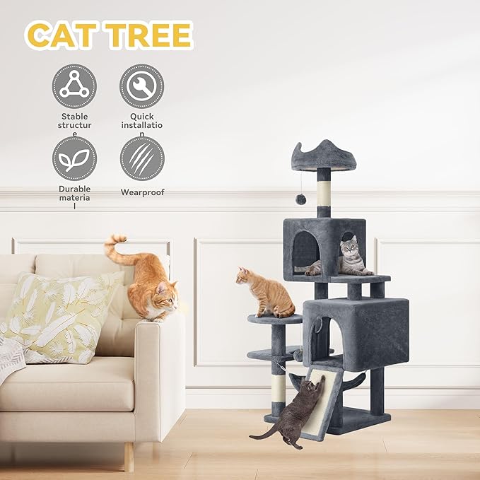 DWVO 54 in Multi-Level Cat Tower: Cats Tree for Indoor Kittens, Pet Furniture with Kitty Condos, Sisal Scratching Posts, Plush Perches, Cozy Hammock, Dark Gray