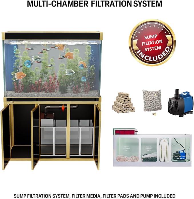 135 Gallon Aquarium Fish Tank with Upright Fishtank Stand Water Pump Freshwater Filter LED Bundle and Straight Corners Clear Glass - Black with Gold Trims