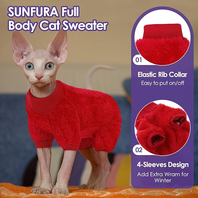 SUNFURA Sphynx Hairless Cat Sweater, Full Body Warm Fleece Sweaters with Sleeves for Cats, Soft Turtleneck Cat Clothes, Cozy Pullover Pajamas for Hairless Cats Devon, Donskoy & Small Dogs, Red XL