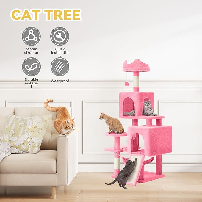 DWVO 54 in Multi-Level Cat Tower: Cats Tree for Indoor Kittens, Pet Furniture with Kitty Condos, Sisal Scratching Posts, Plush Perches, Cozy Hammock, Pink