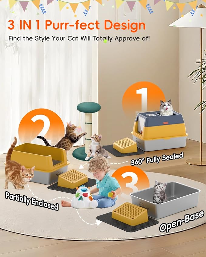 XL Extra Large Stainless Steel Cat Litter Box with Lid, 3-in-1 Enclosed/Open, Durable Metal Litter Box for Big, Multi Cats, Non-Stick, Odor Control, Easy Cleaning, Durable ABS Lid, Yellow