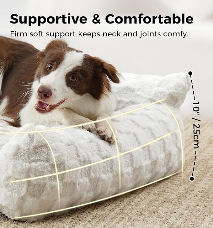 MADE 4 PETS Dog Couch Bed, Soft Faux Fur Checkered Indoor Pet Sofa, Comfortable Fluffy Dog Sofa with Supportive Foam, Removable Washable Cover with Non-Slip Base, White, Large