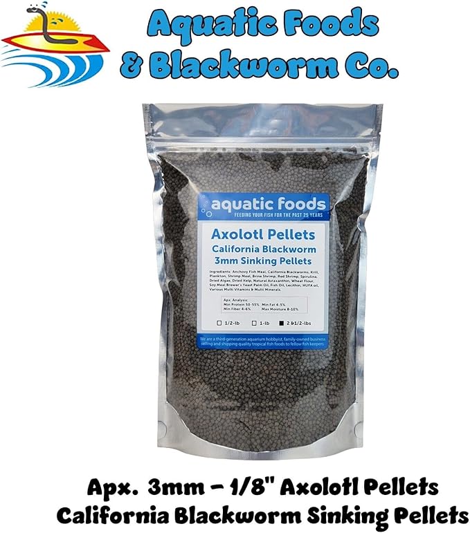 Aquatic Foods Inc. Axolotl Blackworm Pellets. 3mm-1/8 Sinking California Blackworm Medium Pellets for Medium/Large Axolotl, Frogs, Shrimp, Salamanders, Newts, Snails…2 & 1/2-lbs Pouch Bag