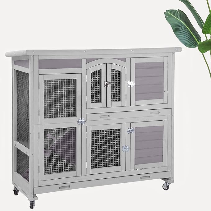 Two-Story Rabbit Hutch with Wheels Guinea Pig Cage Indoor Outdoor Bunny Cage with 2 Deep Leakproof Tray