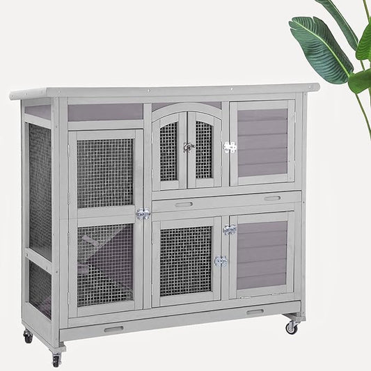 Two-Story Rabbit Hutch with Wheels Guinea Pig Cage Indoor Outdoor Bunny Cage with 2 Deep Leakproof Tray