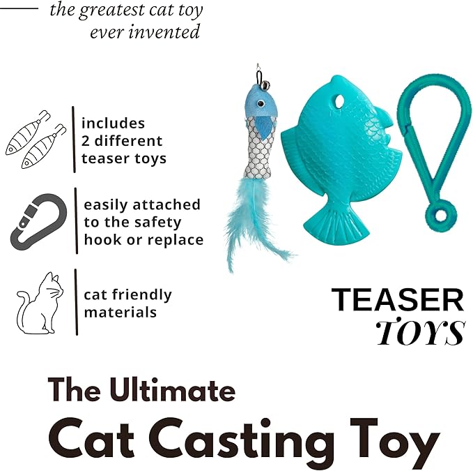 Cat Caster Fishing Pole Toy | Tangle Free & Easy to Store. Includes Two Interchangeable Teaser Toys | The Ultimate Gift for Kitty Lovers, Fish Bone