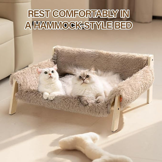 MEWOOFUN Cat Couch Bed, Pet Sofa for Indoor Cats Wooden Indoor Elevated Cat Beds with Removable Mattress Cover Suitable for Kitty, Puppy or Small Animal (Brown, Large)