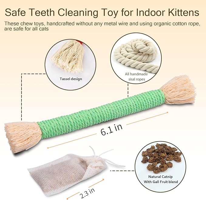 Retro Shaw Cat Toys Ropes with Catnip, 6Pcs Kitten Teething Chew Toys for Indoor Cats, Interactive Cat Nip Kitty Toys Kicker, Safe Durable Upgraded