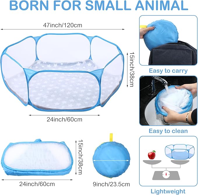 Hamster Playpen with Mat Small Animal Cage Tent Breathable Transparent Guinea Pig Playpen Waterproof Portable Yard Fence Mat Foldable Exercise Playpen Outdoor Indoor (Blue,Star)