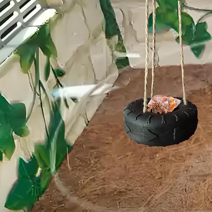 Hermit Crab Tire Swing Toy Suction Cup Hook Climbing Toy Terrarium Decor Climbing Swing for Hermit Crabs, Small and Medium-Sized Amphibians and Frogs