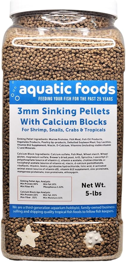 Aquatic Foods Inc. Calcium Blocks Included in These 40% Protein 3mm Sinking Pellets for Shrimp, Snails, Crabs, Catfish, Plecos for All Tropical Fish. Pellets by Zeigler…5-lb Lg Jar