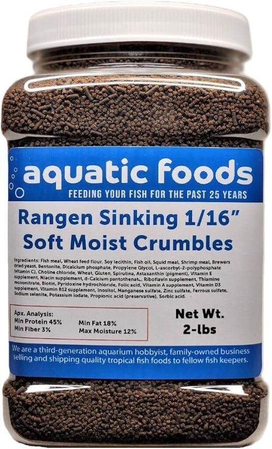 Aquatic Foods Inc. 1/16" Soft Moist Sinking Salmon Crumbles for Baby Axolotls, Shrimp, Snails, Crabs, Small Amphibians, Bottom Tropical Fish ...2-lb Med Jar