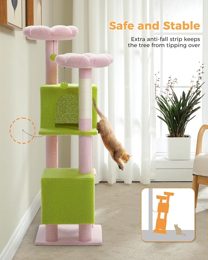 Flower Cat Tree, 52.4" Cute Cat Tower for Indoor Cats with 2 Flower Padded Perches, 2 Condos & 2 Scratching Posts, Pink