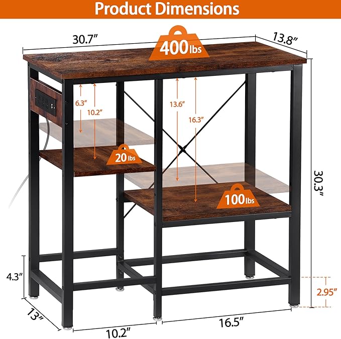 20-29-37 Gallon Fish Tank Stand with Power Outlet, Metal Aquarium Stand with Adjustable Shelves, 6-Leg Heavy Duty Reptile Storage Rack for Living Room, Office, Rustic Brown, 400LBS Capacity