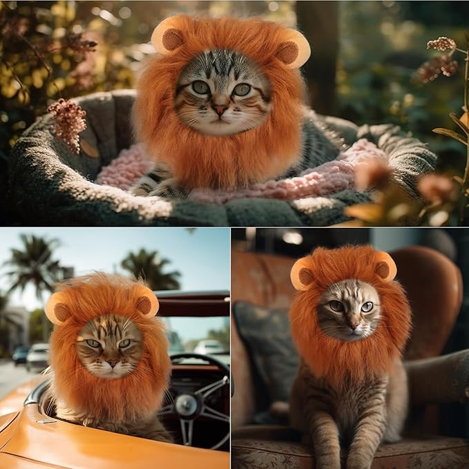 Cat Halloween Costumes - Lion Mane Wig for Cats & Puppies, Adjustable Pet Cosplay Apparel Kitten Outfits for Halloween Christmas Cat Birthday Party (Brown)