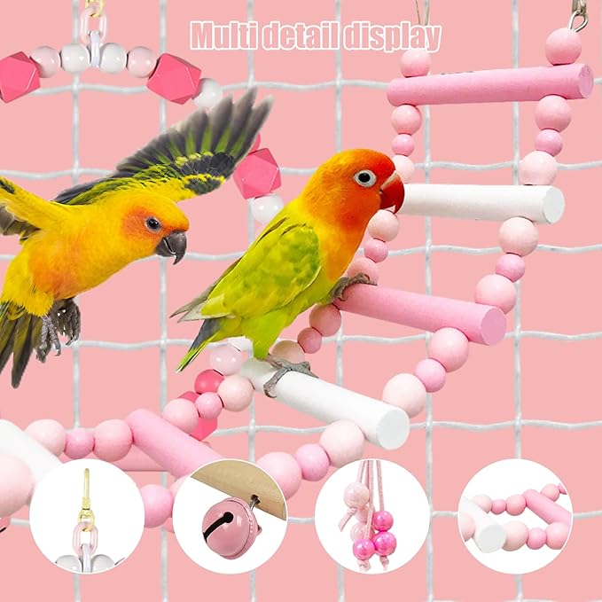 3-Piece Pink Bird Toys Set – Parrot Perch, Swing & Ladder Interactive Cage Accessories for Parakeets, Cockatiels, Conures, Budgies – Ideal for Small to Medium Birds