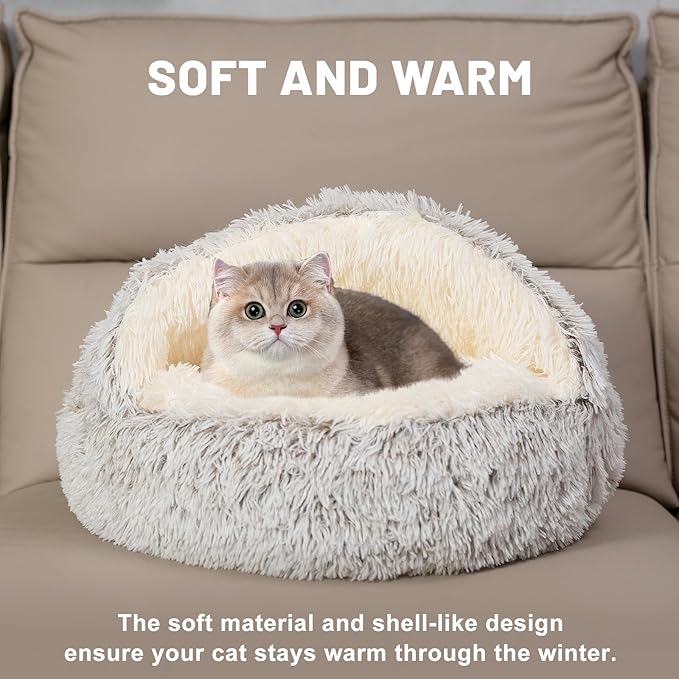 GOSALISU Cat & Small Dog Bed- Cozy Hooded Round Calming Cave Bed, Warm Plush, Anti-Slip, Machine Washable, 20in