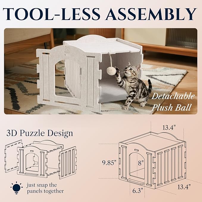 Apasiri Indoor Cat House Scratch-Resistant: Thermal Insulated Enclosed Felt Bed Cave with Hanging Ball Toy, No-Tool Assembly Hideaway for Anxious Cats & Kittens up to 35 Lbs