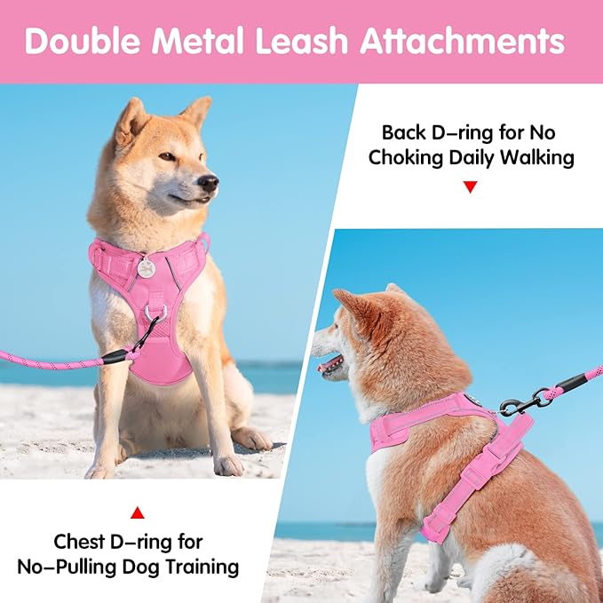PoyPet No Pull Dog Harness and 5 Feet Leash Set, Release on Neck Reflective Adjustable Pet Vest, Front & Back 2 D-Ring and Soft Padded Pet Harness with Handle for Small to Large Dogs(Pink,L)