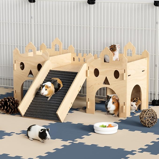Guinea Pig Hideout House, Advanced Wooden Hamster House with Climbing Ladder & Multi-Holes, Bunny Castle Tower Toy for Guinea Pig Chinchilla Gerbil Hedgehog Small Animal House Habitat Hut ﻿