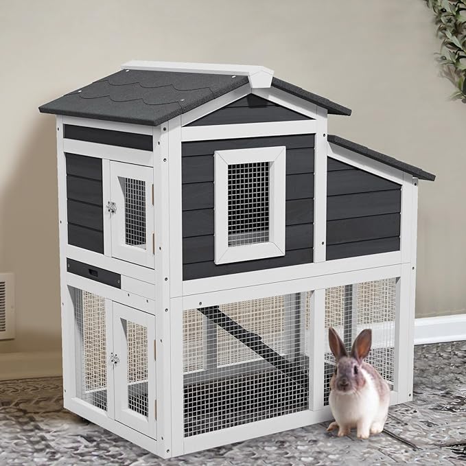 2-Story Rabbit Hutch Indoor, Wooden Furniture Style Bunny Cage with Run for Rabbits Guinea Pigs, Removable Tray & Openable Roof