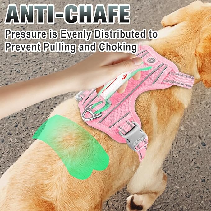 BARKBAY No Pull Dog Harness Large Reflective Dog Harness with Front Clip and Easy Control Handle for Walking Training Running with ID tag Pocket(Baby Pink,L)