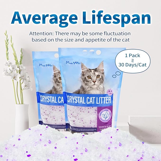 Made4Pets Cat Litter Crystals, Non Clumping Cat Litter Odor Control Kitty Litter Non Clumping No scooping Low Dust, Low Tracking, Lightweight, Dehydrates Waste, Lavender – 17.2 lbs (4 x 4.3 lb Packs)