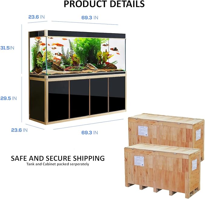 Premium Aquarium | 220 Gallon Tempered Transparent Glass with LED Light, Complete Fish Tank, Black with Gold Trim