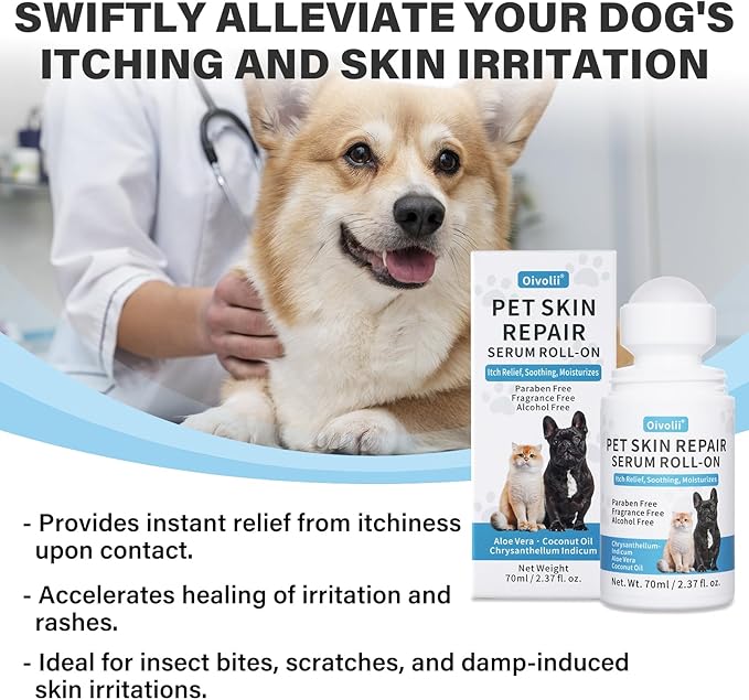 Dog & Cat Skin Care Roll-On with Coconut Oil (2.3fl oz) - Itch Relief, Hot Spot Treatment & Allergy Moisturizer for Fast Skin Repair & Hair Regrowth