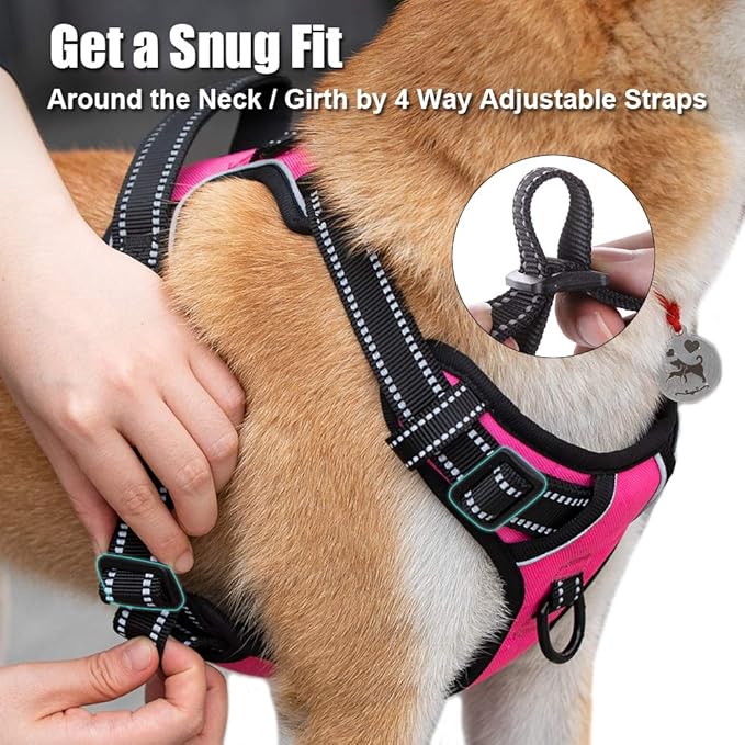 PoyPet No Pull Dog Harness, Reflective Comfortable Vest Harness with Front & Back 2 Leash Attachments and Easy Control Handle Adjustable Soft Padded Pet Vest for Small to Large Dogs (Pink,XL)