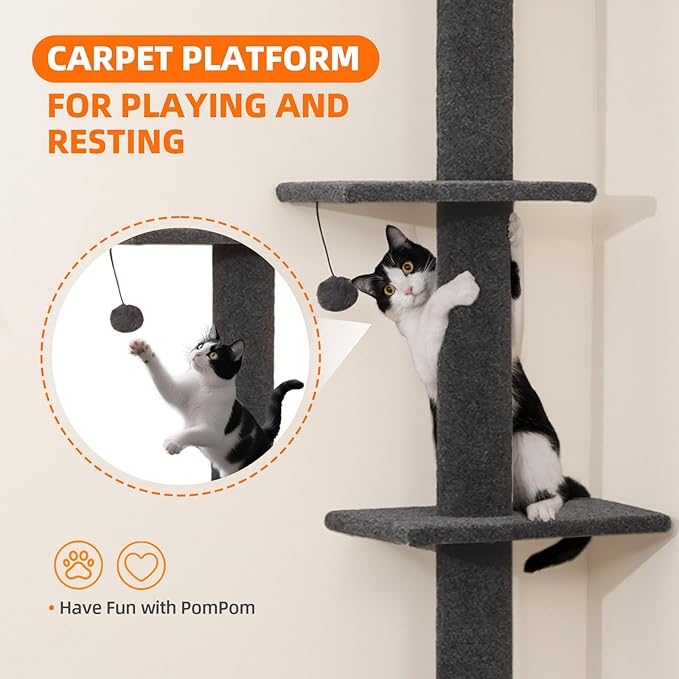 Cat Tree Floor to Ceiling Cat Tower 5-Tier Carpet Kitten Tree Cat Climbing Tower with Adjustable Height 98"-108", Tall Cat Trees with Platforms and Dangling Balls for Indoor Cats, Dark Grey