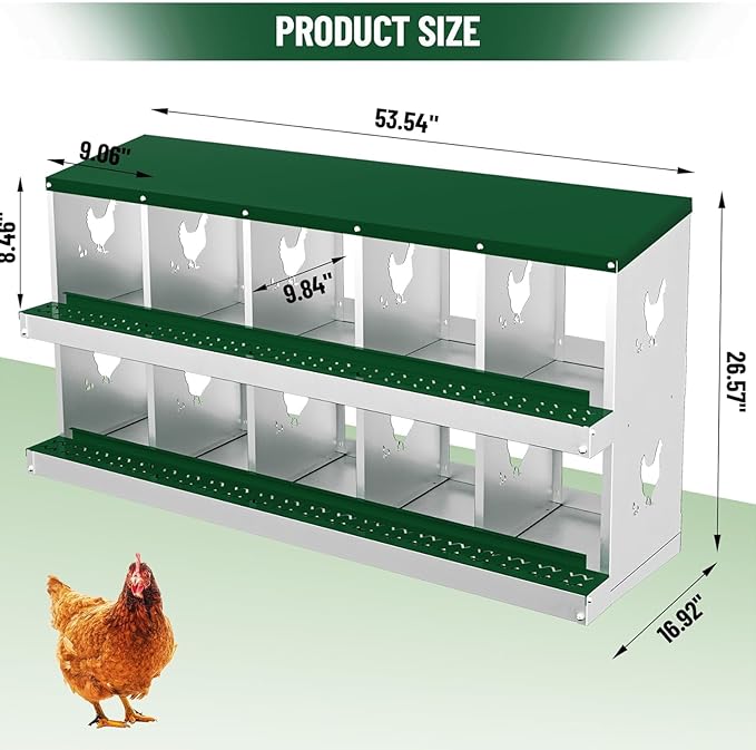 10 Compartments Chicken Nesting Box,Metal Chicken Egg Laying Box, Nesting Boxes,Easy Egg Collection, Easy Cleaning（Green）