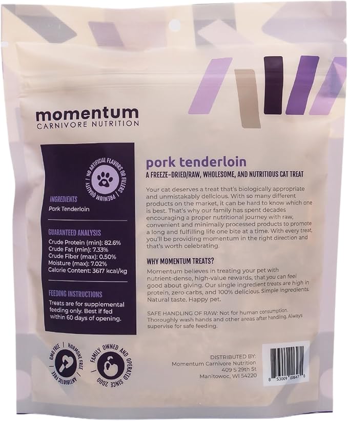 Momentum Carnivore Nutrition Freeze-Dried Pork Tenderloin Cat Treats – Single-Ingredient, All-Natural, Grain-Free Treats – 2.5 oz Bag