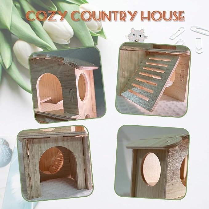 LOS ANDES Hamster Maze Double-Decker Wood House, Hamster Seesaw Toy, Bridge and Swing for Dwarf Gerbil Mouse Mice Rat Small Animals(Only for Small Hamster)