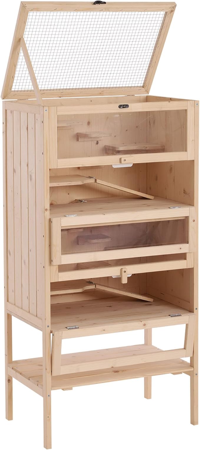 PawHut 5-Tier Wooden Hamster Cage Mice Habitat Rat Habitat with Openable Top, Front Door and Storage Shelf