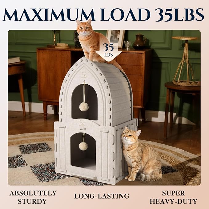 Apasiri 2-Story Cat House for Indoor Cats: Convertible 2-in-1 Felt Cat Condo, Scratch-Resistant Cat Beds, Hideaway Cave for Multi Small Pet Kitten to Relief Anxious, Transitional Modern Cat Furniture