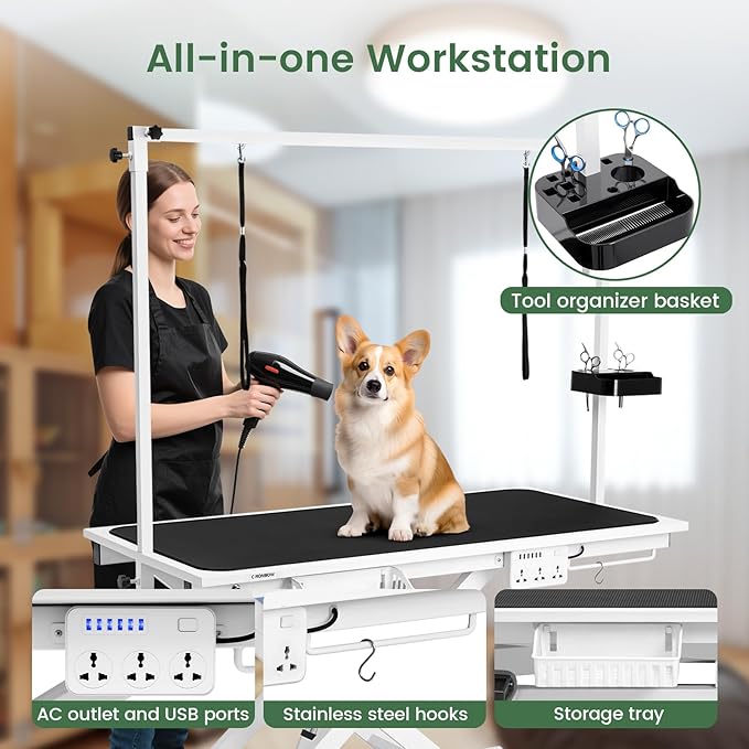Electric Lift Pet Dog Grooming Table, 50Inch Height Adjustable Grooming Table for Large Dogs with Two Nooses, Wireless Remote, Tool Organizer, White