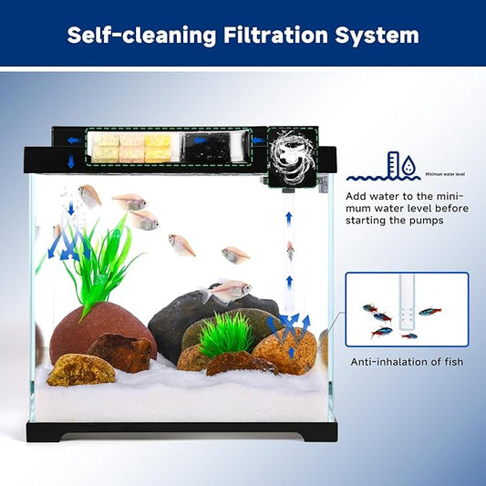 AQQA Small Glass Fish Tank，2.4 Gallon Self Cleaning Aquarium Starter Kits,USB External Controller,Adjustable 4 Color Lighting,Individually Controlled Upper Filtration System Black