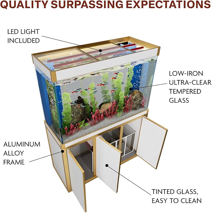 175 Gallon Aquarium Fish Tank with Upright Fishtank Stand Water Pump Freshwater Filter LED Bundle and Straight Corners Clear Glass - White with Gold Trims