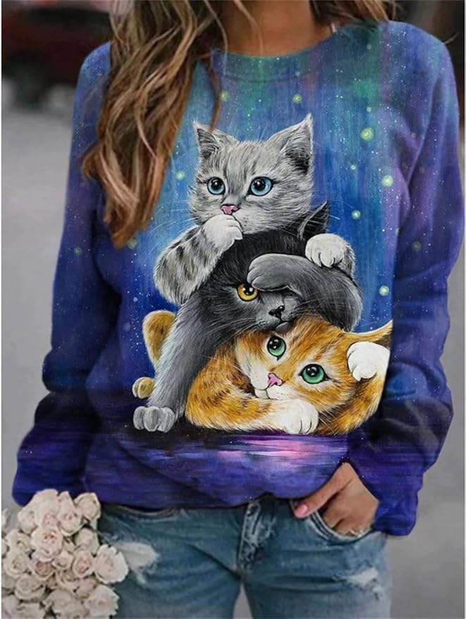 IVERIRMIN Women's 3D Cute Cat Print Sweatshirt Casual Long Sleeve Crewneck Cute Cat Pullover Loose Fit Shirts