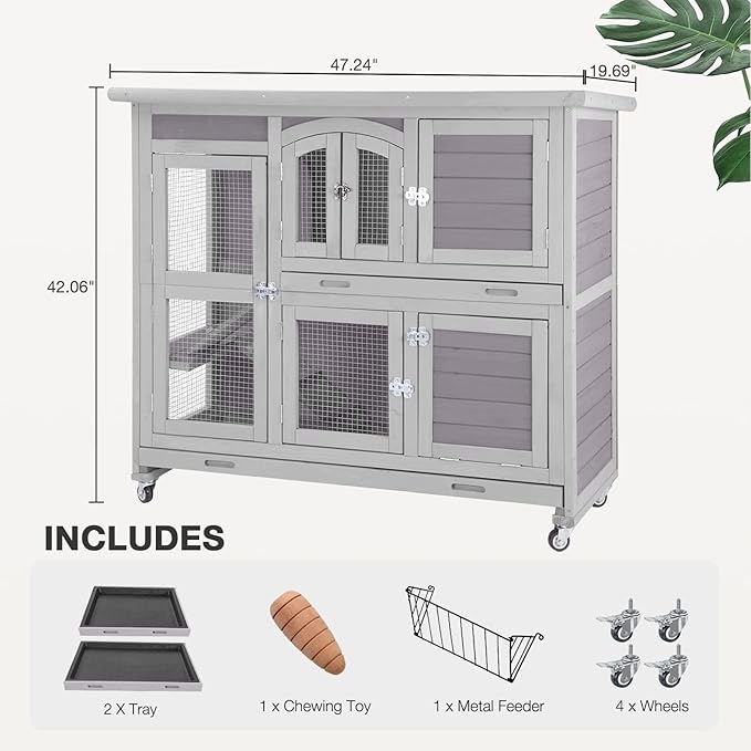 Two-Story Rabbit Hutch with Wheels Guinea Pig Cage Indoor Outdoor Bunny Cage with 2 Deep Leakproof Tray