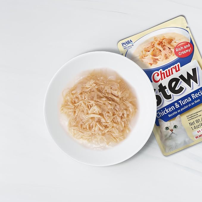 INABA Churu Stew for Cats, Creamy Broth Gelée with Shredded Chicken Topper/Treat Pouch with Vitamin E, 1.4 Ounces per Pouch, 12 Pouches, Chicken Recipe