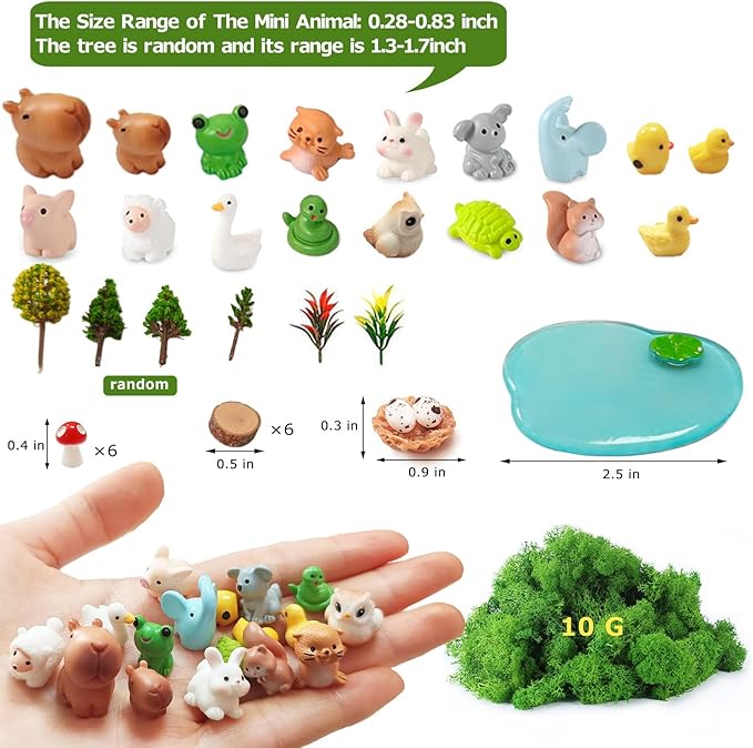 Mini Resin Animals Set, 46 Pcs, Tiny Resin Animal, Mini Resin Animals Bulk, Miniature Trees Moss for Garden Décor Micro Landscape Ornaments Kit Fairy Garden Dollhouse Accessories